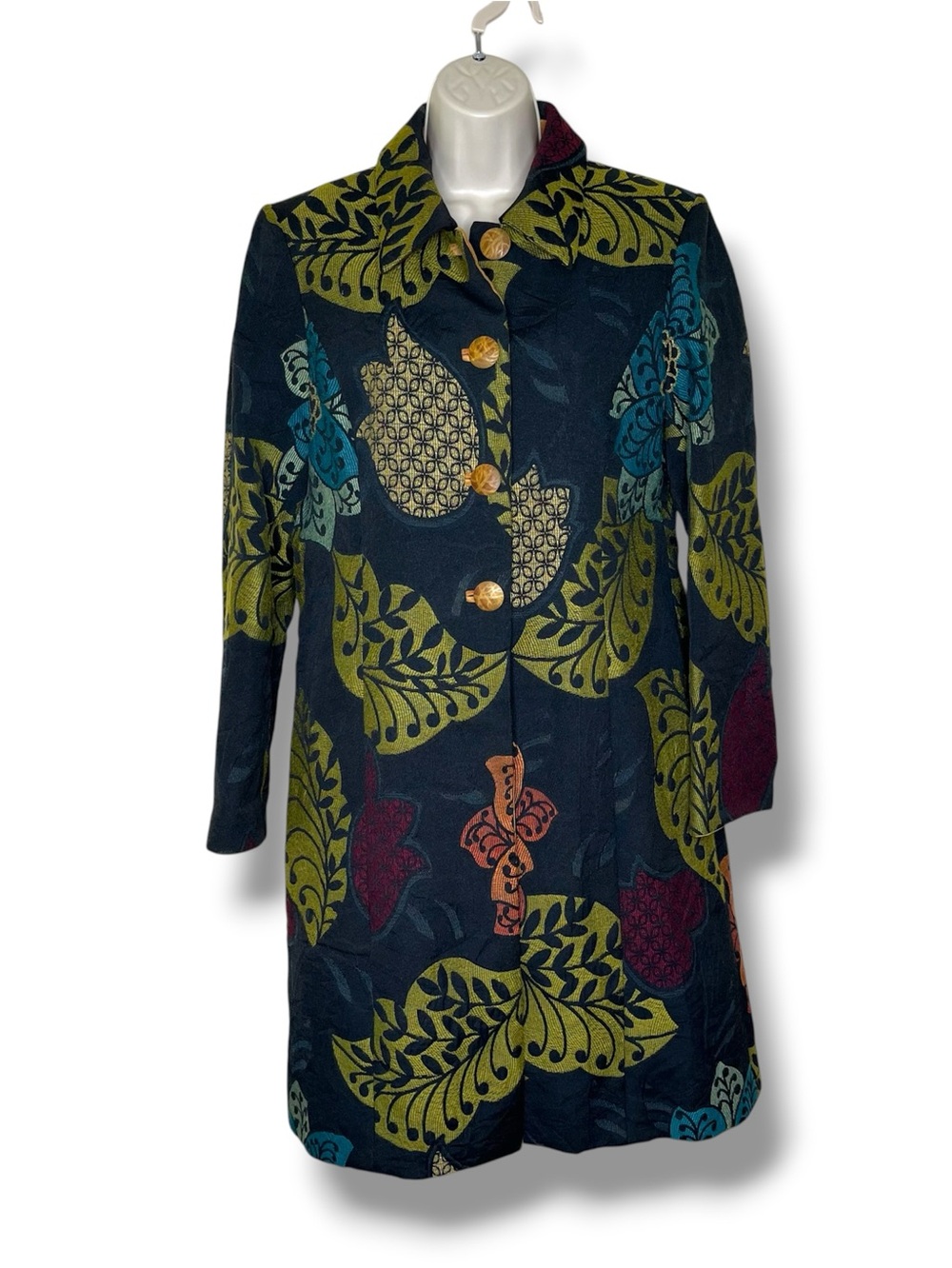 Vintage Eye 90s Tapestry Floral Long Jacket Coat Multicolor Boho Artwear Size 8